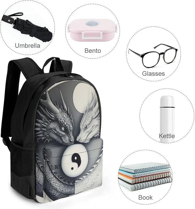 Lightweight Daypack Bookbag for Trekking Business Walking Cycling, Big Capacity Anti-Theft Multipurpose Carry On Bag, Dragon Yin Yang Business Computer Bag