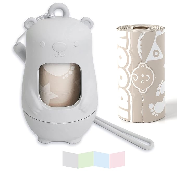 Teddy Bear Diaper Bag Dispenser | Trash Bags on the Go w/Silicone Strap | 15 Unscented Baby Poop Bags per Roll | Disposable Diaper Waste Bags (Cloudy Grey)