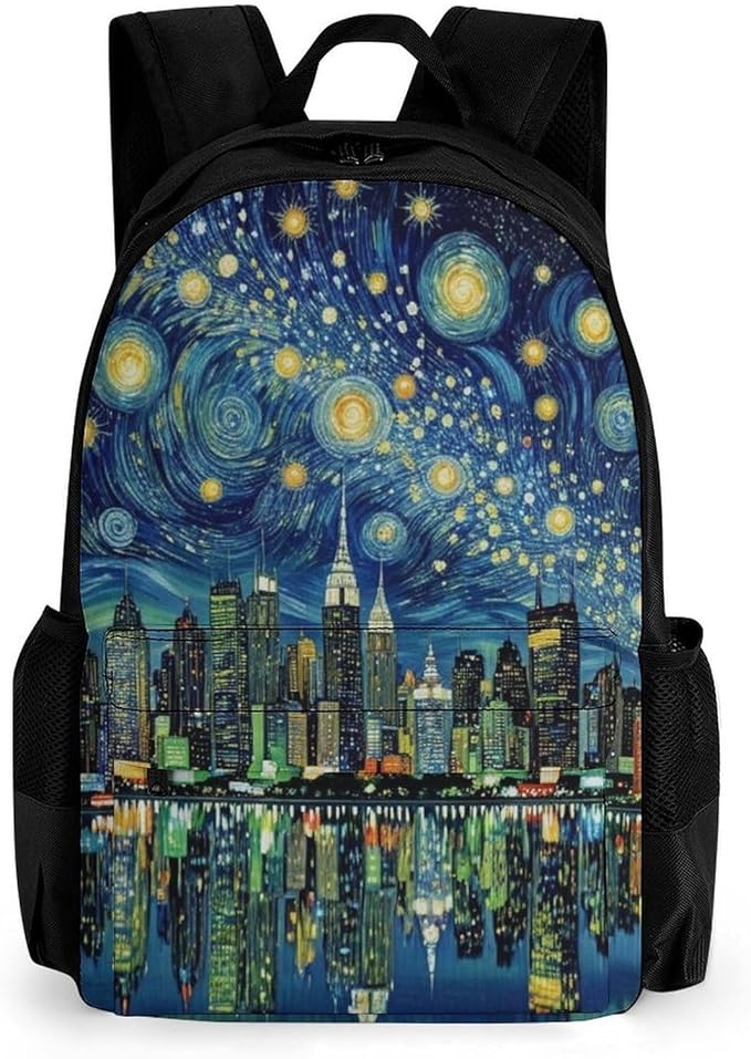 Supdreamc Men Women Lightweight Chicago City Skyline Night View Starry Sky Painting Backpack Large Capacity Carry On Bag With Padded Straps for Sports Work Walking Cycling