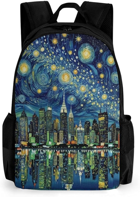 Supdreamc Men Women Lightweight Chicago City Skyline Night View Starry Sky Painting Backpack Large Capacity Carry On Bag With Padded Straps for Sports Work Walking Cycling