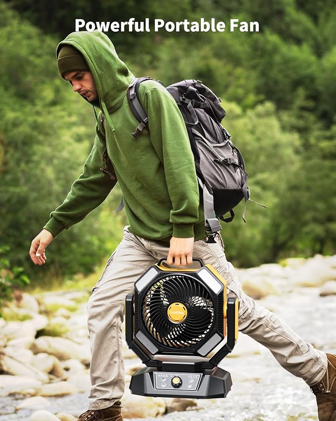 coldSky 𝟰𝟬𝟬𝟬𝟬𝗺𝗔𝗵 Camping Fan, Battery Operated with 4 LED Light, 8 Speeds DeskFan with Remote, Portable Rechargeable Outdoor Fan with Hook for Tent, Power Outages Yellow