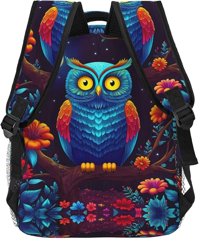 Polyester Daypack for Hiking Work Running, Big Capacity Anti-Theft Multipurpose Shoulder Bag, Trippy Owl Red Floral Moon Art Travel and Sport Backpack Rucksack