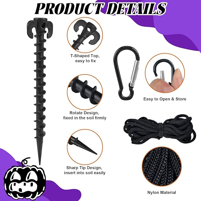 12 Sets Inflatable Stakes Replacement Set, 12 PCS 7.7" Inflatable Plastic Stakes with Tethers Ropes and Alloy Hooks, Heavy Duty Tent Stakes for Garden Yard Ground Halloween Christmas Outdoor Decor