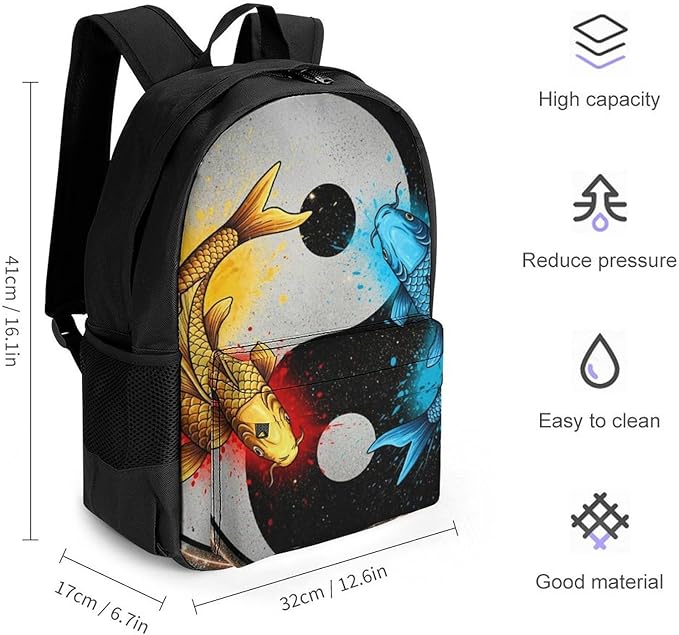 Men Women Lightweight Space Koifish Fish Yin Yang Backpack Large Capacity Carry On Bag With Padded Straps for Sports Work Walking Cycling