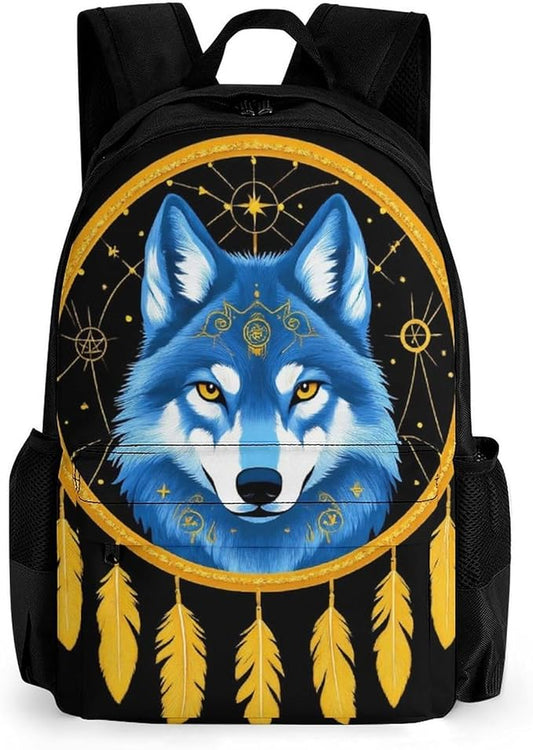 Lightweight Daypack Bookbag for Trekking Business Walking Cycling, Big Capacity Anti-Theft Multipurpose Carry On Bag, Boho Totem Native American Wolf Dream Catcher Business Computer Bag