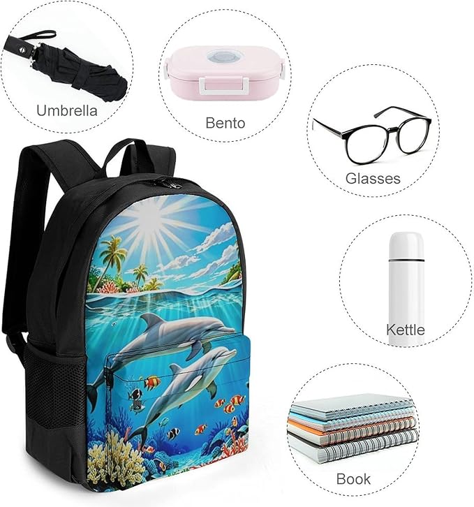 Daypack Polyester Anti-Theft Multipurpose Dolphin Blue Ocean Underwater World Bookbag Big Capacity Gym Outdoor Hiking Backpack With Adjustable Shoulder Straps