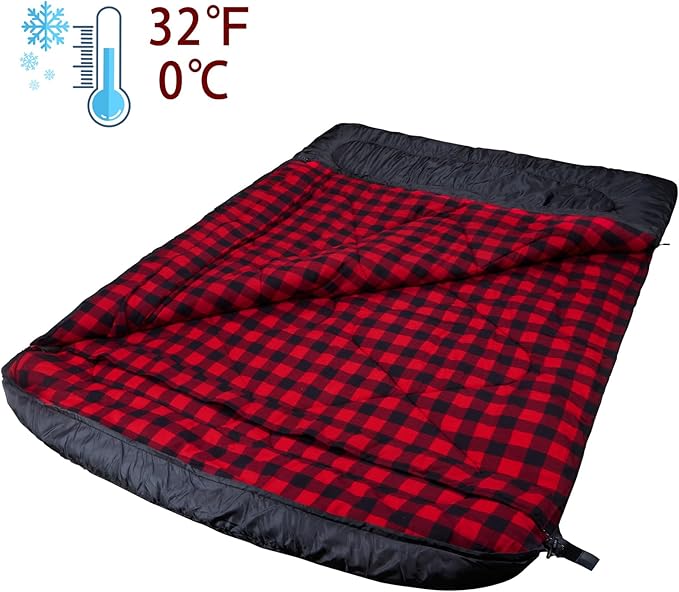 AGEMORE Cotton Flannel Double Sleeping Bags for Adults, Cold Weather Waterproof Queen Size Sleeping Bag, 2 Person Double Wide Warm Sleeping Bag for Family or Couples Outdoor Camping or RV Traveling