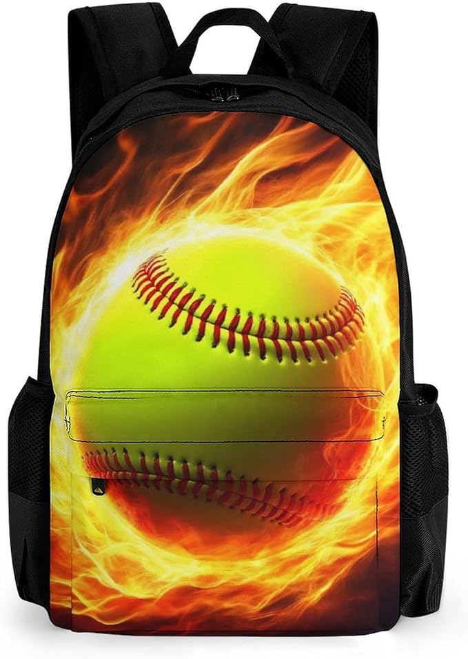 Men Women Lightweight Fire Flame Softball Baseball Ball Casual Daypack Large Capacity Bookbag With Adjustable Shoulder Straps for Gym Business Bicycle