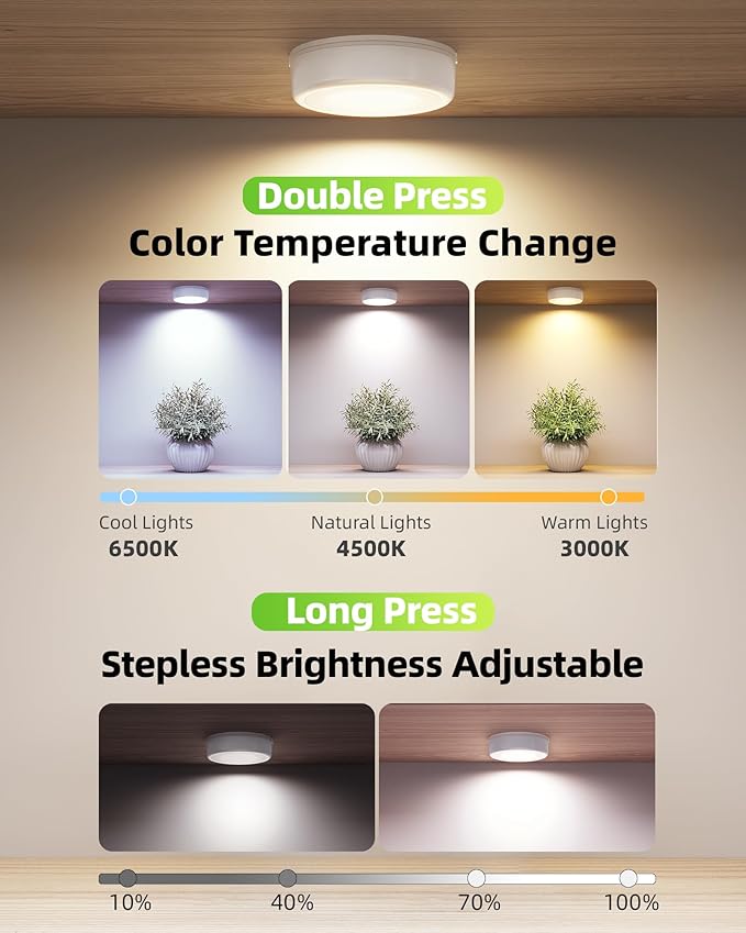 EZVALO LED Puck Lights, 50Lumens, Touch Light, 2.5'' Mini Tap Light, Rechargeable Sitck On Tap Lamp, 3 Color Temps, Under Cabinet Lights Wireless, Ideal for Kitchen,Closet,Pantry,Camper(4 Pack)