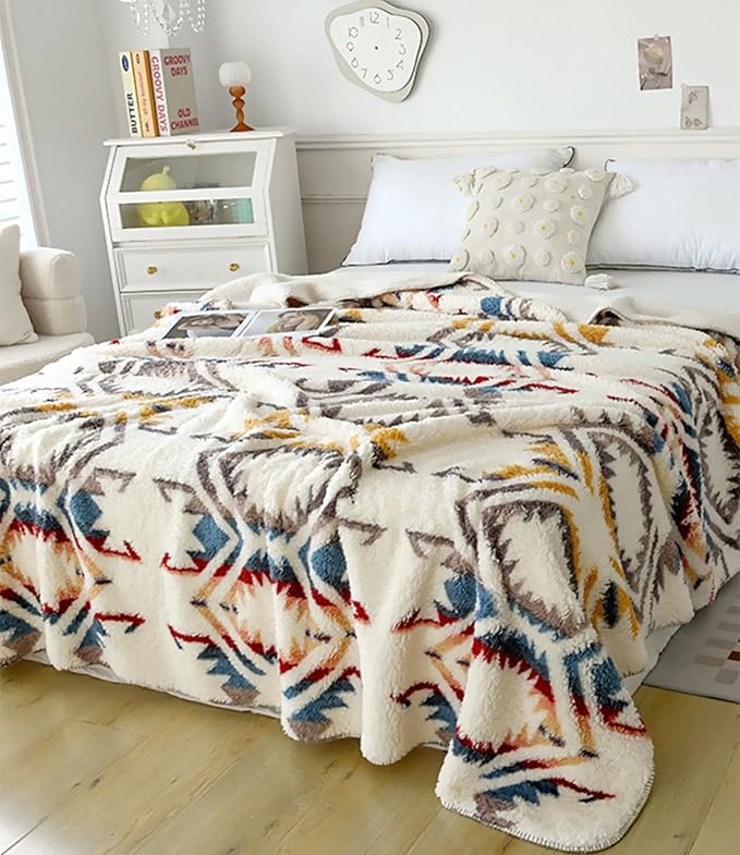 UKELER Boho Sherpa Fleece Blanket 80'' × 90'', Ultra Soft Aztec Queen Blanket for All Season, Cozy, Plush, Bohemian Throw Blanket for Bed/Couch/Sofa/Office/Camping