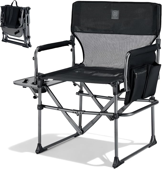 EVER ADVANCED Camping Directors' Chair with Side Table, Portable Folding with Compact Size, Breathable & Quick Dry Design Heavy Duty Lawn Chair with Pocket, 400lbs, Textilene Mesh, Black