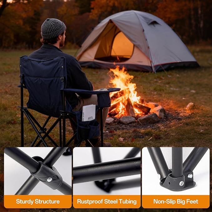 Heated Camping Chairs For Adults, 3 Heating Level For Back And Seat, Foldable Camping Chairs With Cup Holders & Pillow For Outdoor Sports, Camping, Patio, Picnics, Battery Not Included, Navy