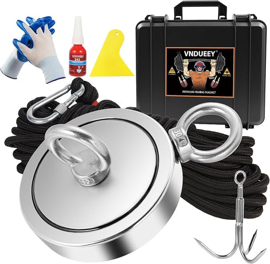 VNDUEEY Magnet Fishing Kit - 2625 Lbs Heavy Duty with 65FT Rope, Grappling Hook, Gloves, Strong Neodymium Magnet for Retrieving in River and Lake
