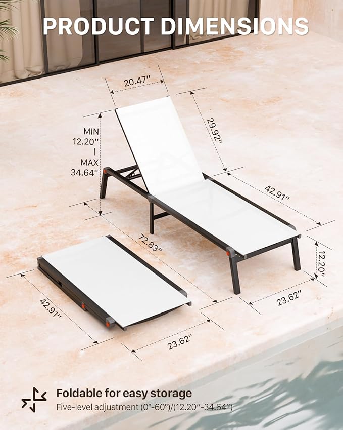 Aluminum Patio Chaise Lounge Chair Set of 2 with Side Table,5-Position Adjustable Backrest,Foldable Lounge Chair Outdoor,Pool Lounge Chairs for Poolside,Lawn,Deck,Beach (White, 2 Pack+Table)