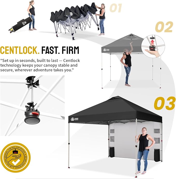 CROWN SHADES Canopy Tent, 10 x 10 Foot Portable Pop Up Outdoor Shelter with Pocket Sidewall, Push Center Lock, UV Protection, and Carry Bag, Black