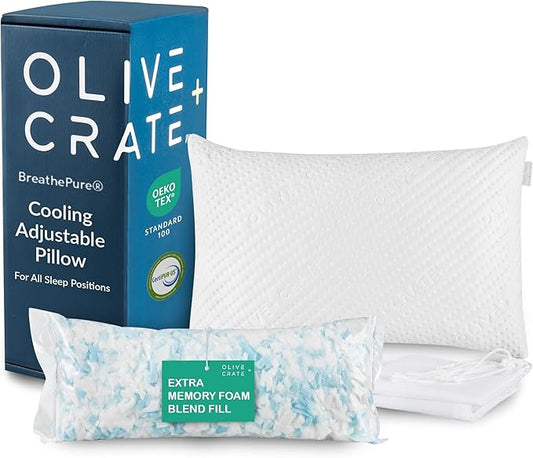 Olive + Crate BreathePure® Adjustable Loft Shredded Memory Foam Pillow - Queen Size - Cooling Pillow, Hypoallergenic Bed Pillows, CertiPUR-US Certified Foam, Ideal for Back, Stomach and Side Sleeper