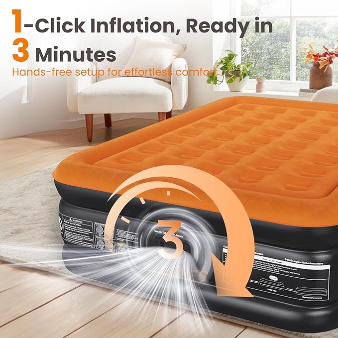 Queen Air Mattress with Built-in Pump, 800 lbs Max Support, Stable Edges Design, 48-Hour Leak-Tested Durable PVC, 3-Min Fast Inflation, Portable Inflatable Bed for Home Guests & Travel