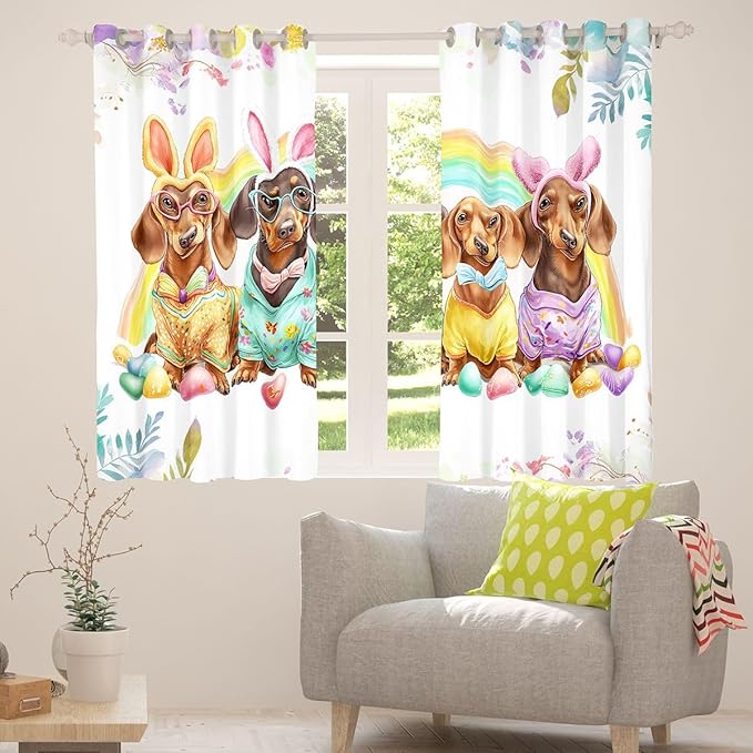 Dachshund Cute Dog Window Curtain | Beach Party Window Drapes for Kids Bedroom Decor,Tropical Palm Blackout Curtains Rainbow Floral Living Room Top 2 Panels,38Wx45L