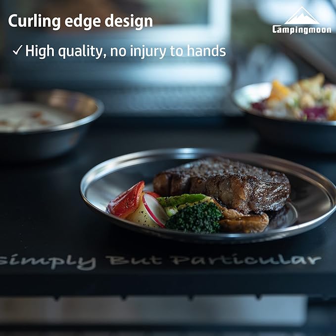 CAMPINGMOON Camping Mess Kit 4 Pack Tableware with Plates Bowls Dishes Stainless Steel Dishwasher Safe Kitchenware S395-1S