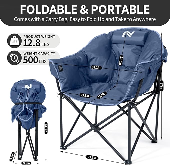 2 Pack Oversized Heated Camping Chair, 3 Heating Levels Soft Padded Camp Chairs with Pillow and Storage Bag, 2 Pack Portable Folding Outdoor Heated Moon Chair for Lawn Patio Beach and Picnics