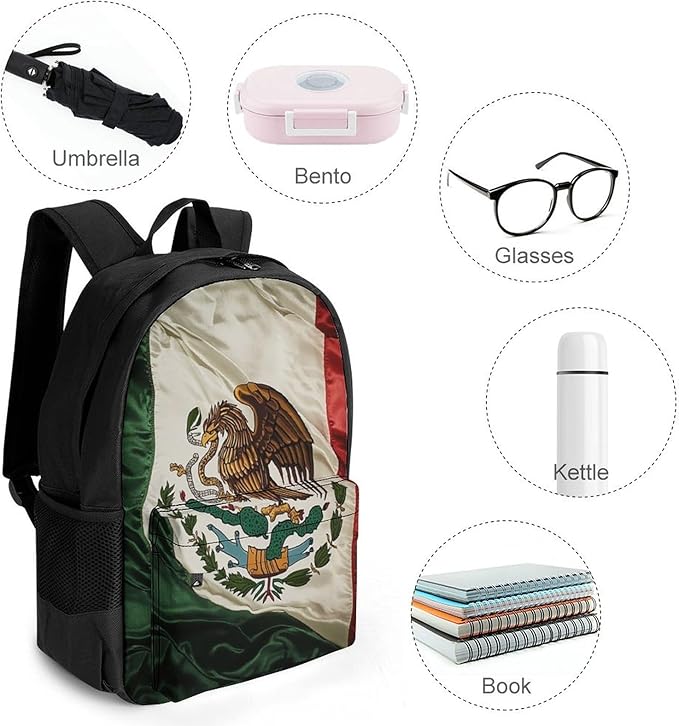Daypack Anti-Theft Multipurpose Large Capacity Shoulder Bag, Retro Mexico Flag Travel Hiking Camping Rucksack With Smooth Zippers