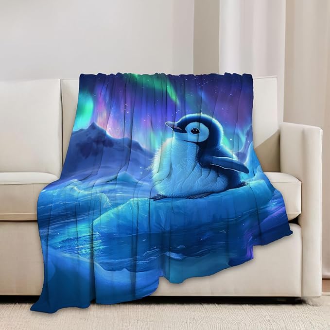 Cute Penguin Blanket Aurora Starry Night Animal Throw Blankets Gifts for Girls Boys Kids Penguin Lover Soft Cozy Fleece Plush for Couch Sofa Bed 80"x60"