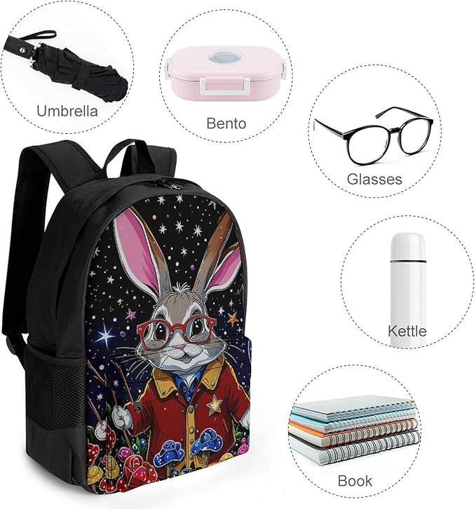 Men Women Lightweight Psychedelic Rabbit Space Mushroom Art Casual Daypack Large Capacity Bookbag With Adjustable Shoulder Straps for Gym Business Bicycle