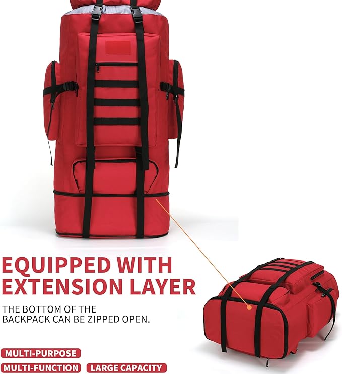 100L Hiking Camping Backpack MOLLE Rucksack Waterproof Daypack (Red)
