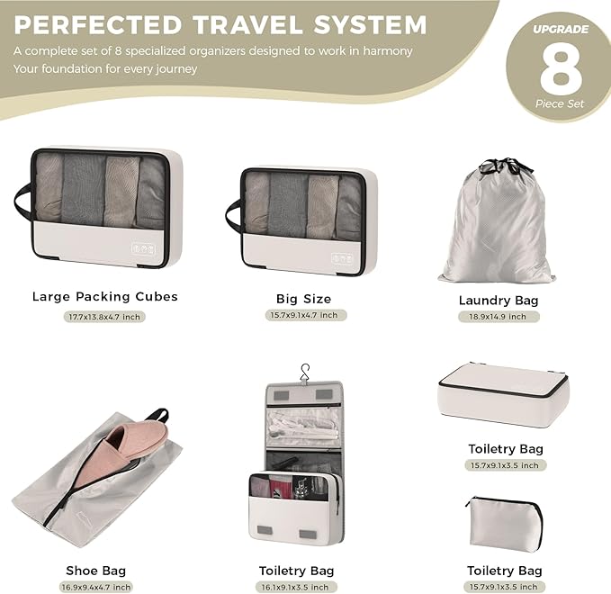 8-Piece Compression Packing Cubes for Travel, Ultralight Minimalist Luggage Organizer Set, Space Saving Design with Toiletries and Laundry Bag for Carry-On, Suitcase & Organized Travel - Beige