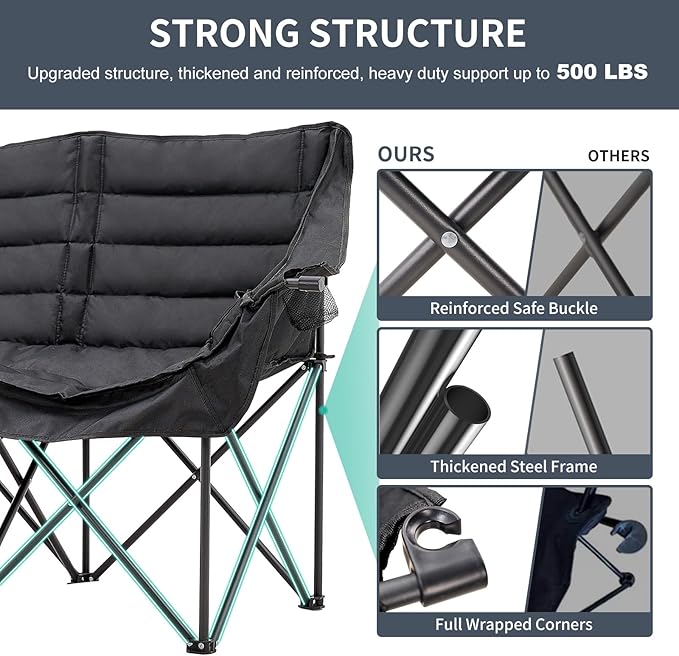 DoCred Double Camping Chair - Oversized Loveseat, 2 Person Camping Chair for Adults Heavy Duty,Two Person Folding Chairs with Cup Holder, Supports up to 500 LBS for Outside Picnic Beach Travel