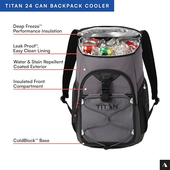 Titan by Arctic Zone Backpack Cooler, Insulated Soft Sided Bag with Leak Proof Lining and Padded Straps, for Lunch, Picnic, and Travel, 24 Can Capacity