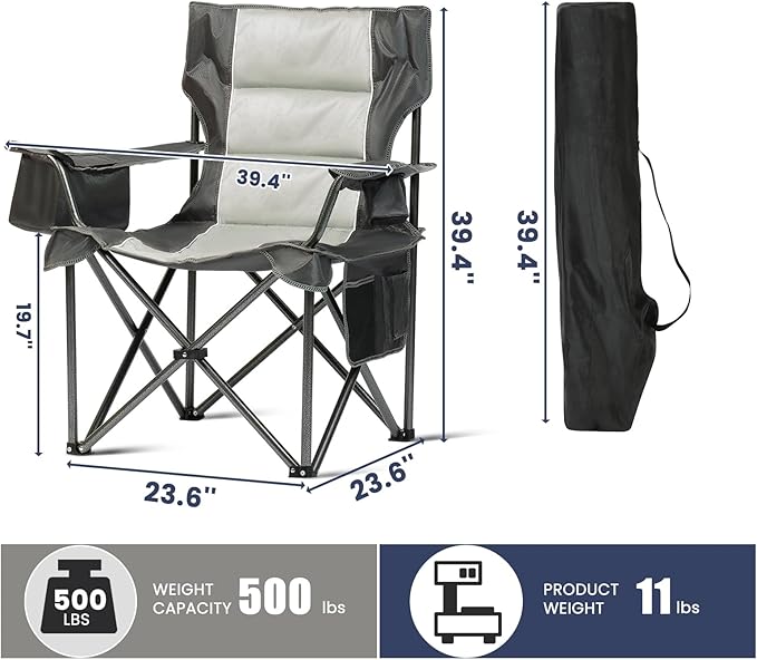 2 Pack Oversized Folding Camping Chair for Adults, Supports 500 LBS Camping Chairs, Outdoor Lawn Chairs for Adults, Portable Chairs for Camping, Beach, Fishing, Hiking, Gray