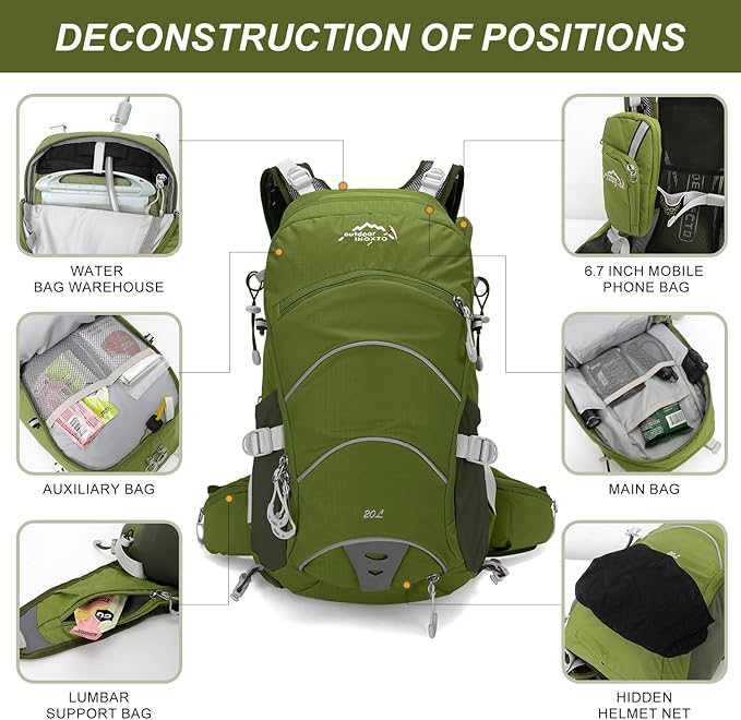 IX INOXTO 20L Hydration Backpack, Waterproof Hiking Internal Frame Backpacks with 2L Hydration Water Bladder and Rain Cover for Men, Lightweight Travel Daypack for Cycling,Camping,Ski (dark green)