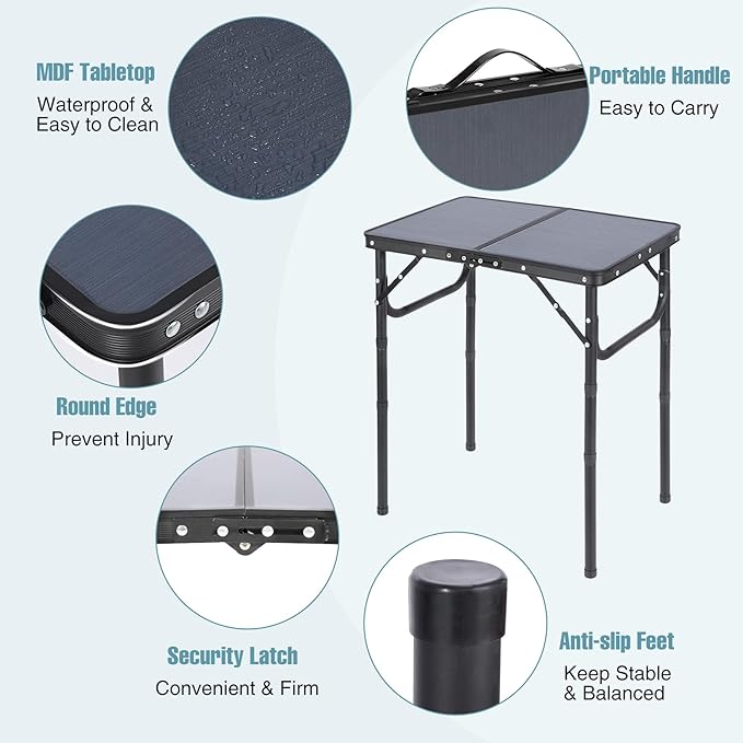 REDCAMP Small Camping Table 2ft, Portable Aluminum Folding Table Adjustable Height Lightweight for Picnic Beach Outdoor Indoor, Gray