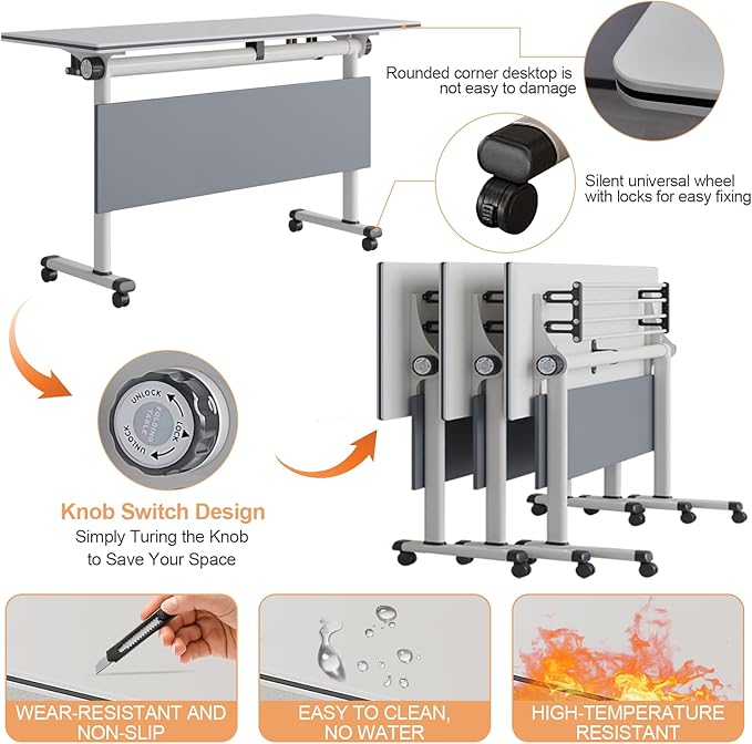 61 INCH Mobile Folding Conference Table – Heavy-Duty Flip-Top Desk with Locking Wheels, Space-Saving Design for Office & Educational Environments