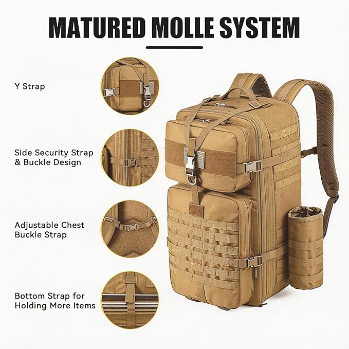 Tactical Backpack for Men, 50L/60L/70L Expandable Military tactical Backpack, Waterproof MOLLE Hiking & Camping Rucksack with Water Bottle Bag, Assault Pack & Bug Out Bag for Outdoor