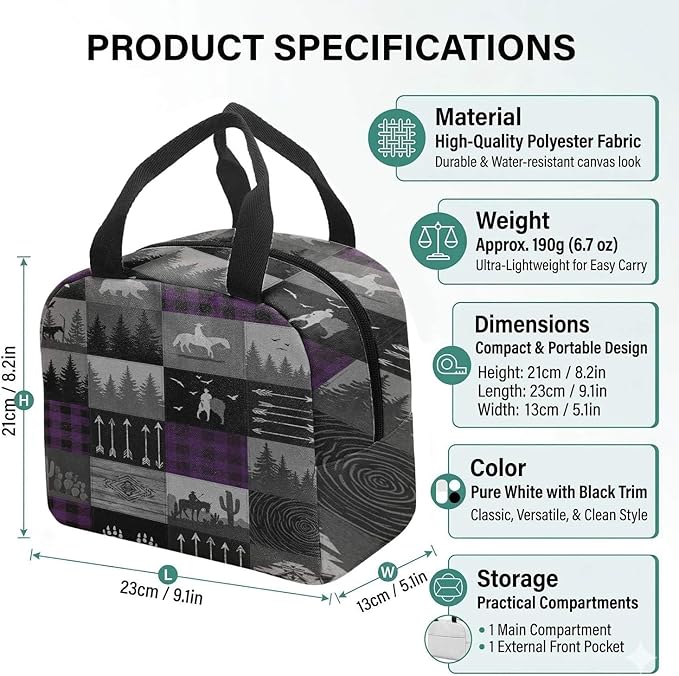 Western Retro Denim Insulated Lunch Bag Bear Deer Bird Nature Landscape Cactus Thermal Tote Portable Size (03)