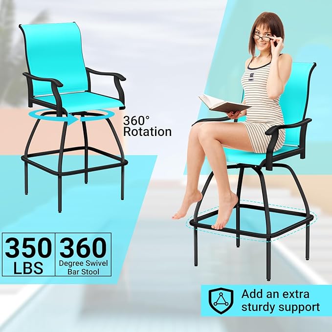 LEVELEVE Patio Bar Set 2pcs Swivel Bar Stools Outdoor Bistro Textilene Furniture Stability All-Weather Set (3, Lake Blue Padded)