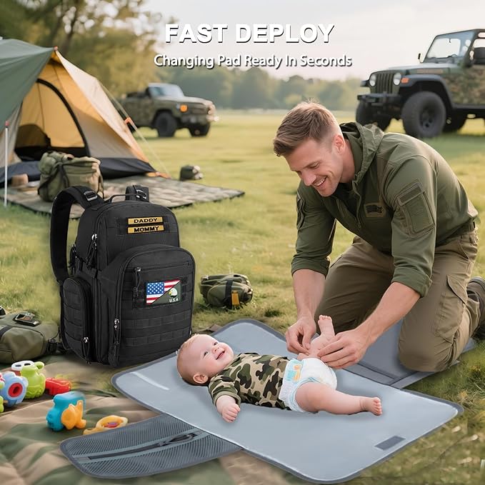 MIRACOL Military Diaper Bag for Dad - Tactical Style Baby Backpack with MOLLE & Changing Pad - 14 Compartments Rugged Design for Outdoor Travel Camping Tan