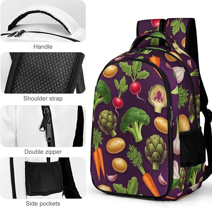 Water Resistant Travel Daypack Vegetable Vegan Farmers Market, Lightweight Laptop Backpack with Water Bottle Pockets for Men Women College Work