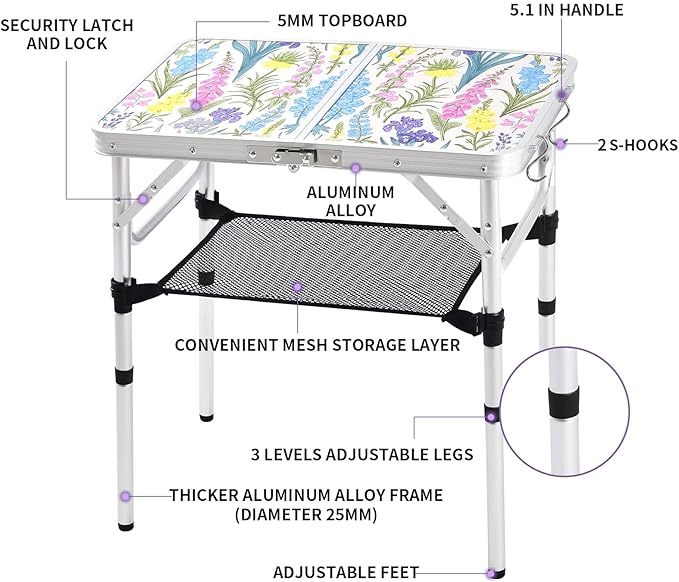 Folding Camping Table 2ft Portable Pinic Table Adjustable Height Small Card Table Aluminum Foldable Lightweight with Carry Handle for Outdoor Indoor Hiking Camp BBQ Beach (Blooming Floral)