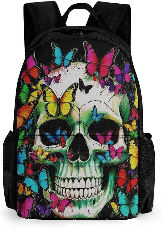 Daypack Backpack Anti-Theft Multipurpose Big Capacity Bookbag, Mexican Skulls Colorful Butterfly Business Computer Bag With Side Pockets