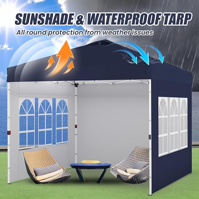 Shades 10x10 Pop Up Canopy with 3 Sidewalls & 4 Sandbags,Heavy Duty Beach Tent with Portable Bag,Sun Shelter for Parties,Events,Outdoor Gazebo with 420D Coated Waterproof Navy Blue Fabric