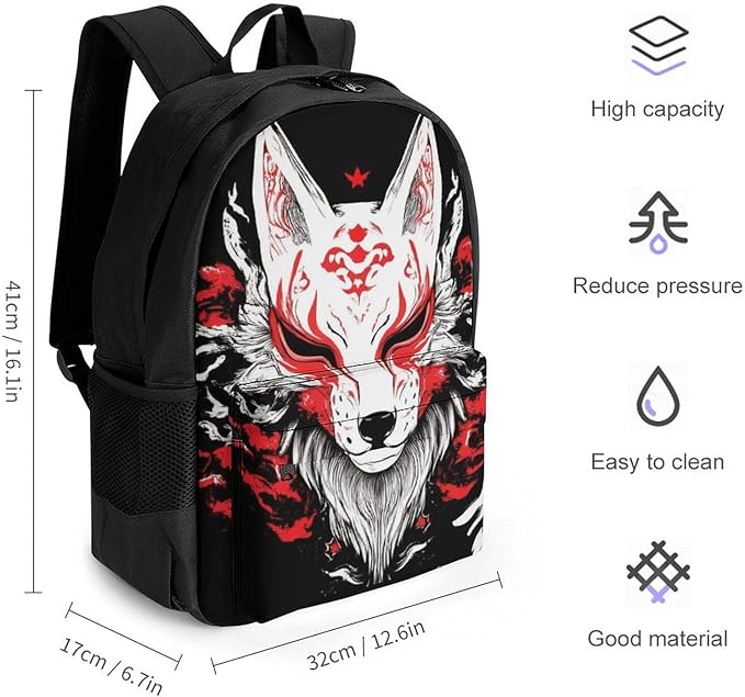 Polyester Daypack for Hiking Work Running, Big Capacity Anti-Theft Multipurpose Shoulder Bag, Japanese Kitsune Mask Fox Art Travel and Sport Backpack Rucksack