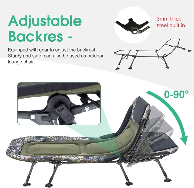 XXL Camping Cot for Adults 330Lbs with Carry Bag, Heavy Duty Folding Bed with Soft Padded Cushion, Portable Camp Bed for Hunting, 180° Adjustable Reclining Outdoor Lounger, Camouflage