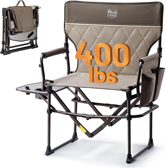 Timber Ridge Aluminum Camping Directors Chair with Side Table Pocket, Portable Folding Chair, Heavy Duty Lawn Chair for Fishing Trip Picnic Concert Outdoor 400lbs, Tan
