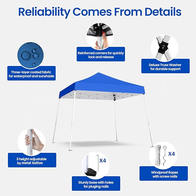 Pop-up Canopy Tent,Portable Outdoor Canopy for Parties Camping,Slant Legs Folding Tent,Sports Shelter,Beach Tent,Base 10x10 Top 8x8,3 Adjustable Height(Blue)