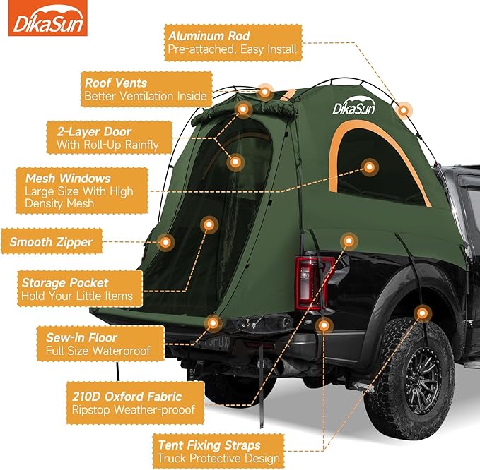 Truck Bed Tent, Double Layer Pickup Tent Bed, Waterproof PU3000mm, Truck Tent for Camping(Orange-Grey)