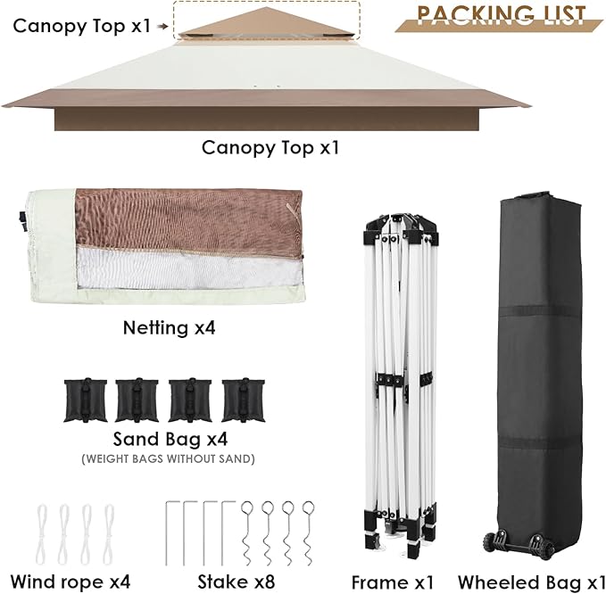 TLSUNNY 13' X 13' Pop Up Gazebo, Outdoor Canopy Tent W/4 Mesh Walls & Wheeled Bag, Screened Shelter with Netting, One-Person Set Up, Height Adjustable, for Patio, Yard, Party, Garden (Khaki)