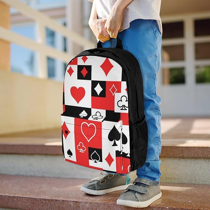 Adults Lightweight Red Black Suits Hearts Diamonds Clubs Spades Poker Playing Cards Shoulder Book Bags Big Capacity Shoulder Bag With Adjustable Shoulder Straps for Trekking Work Walking Cycling